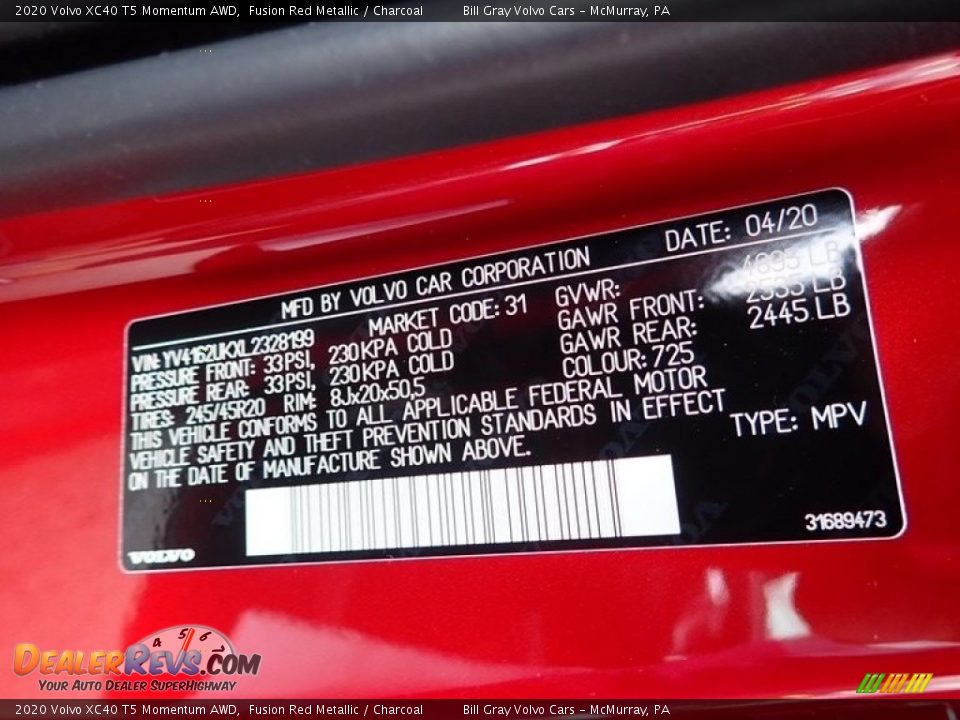 2020 Volvo XC40 T5 Momentum AWD Fusion Red Metallic / Charcoal Photo #11