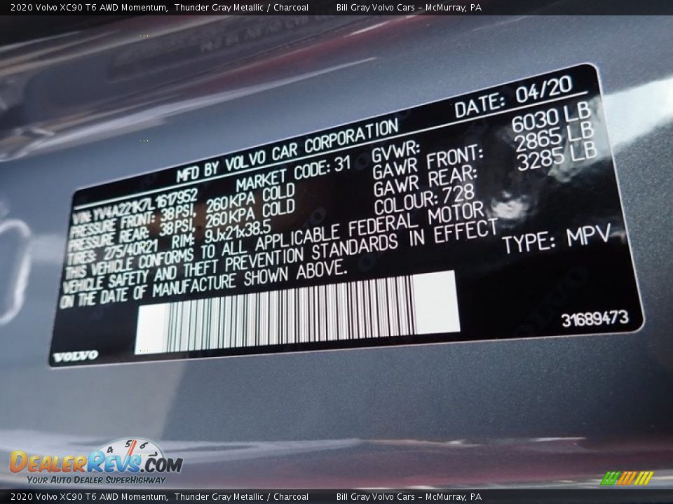 2020 Volvo XC90 T6 AWD Momentum Thunder Gray Metallic / Charcoal Photo #14