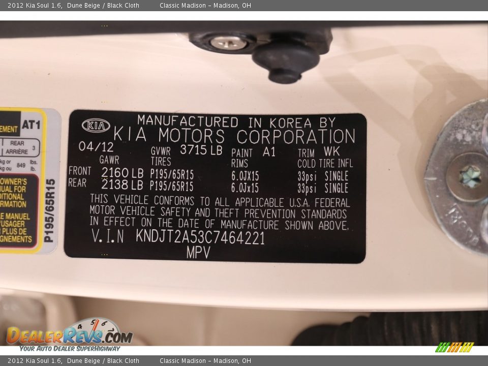 2012 Kia Soul 1.6 Dune Beige / Black Cloth Photo #21