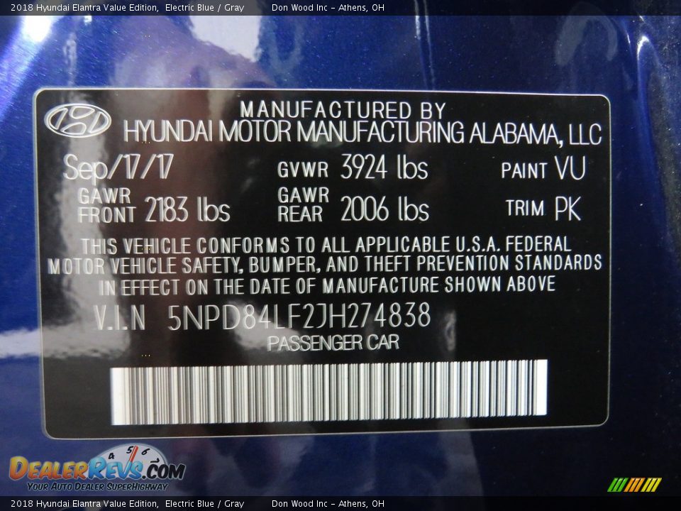 2018 Hyundai Elantra Value Edition Electric Blue / Gray Photo #33