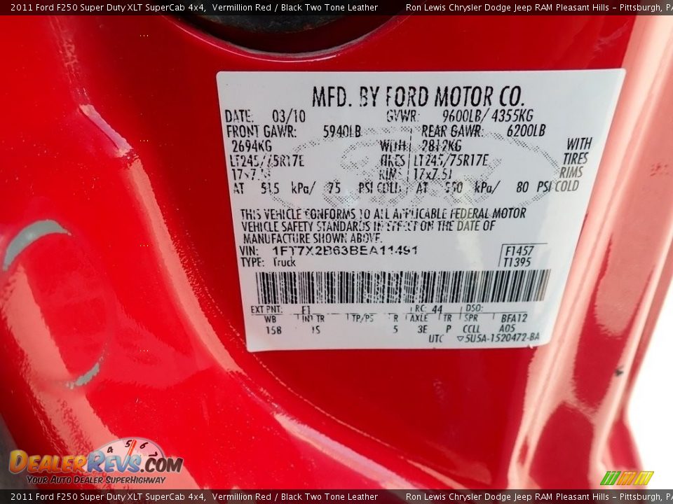 2011 Ford F250 Super Duty XLT SuperCab 4x4 Vermillion Red / Black Two Tone Leather Photo #15
