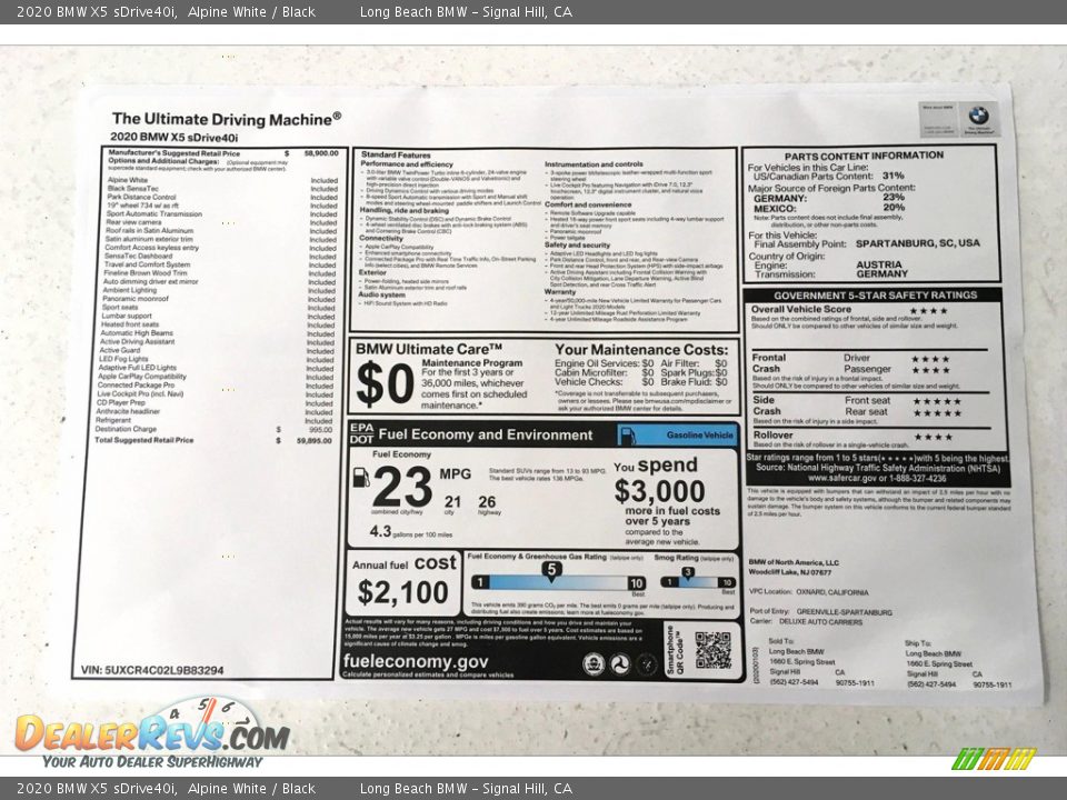 2020 BMW X5 sDrive40i Alpine White / Black Photo #10