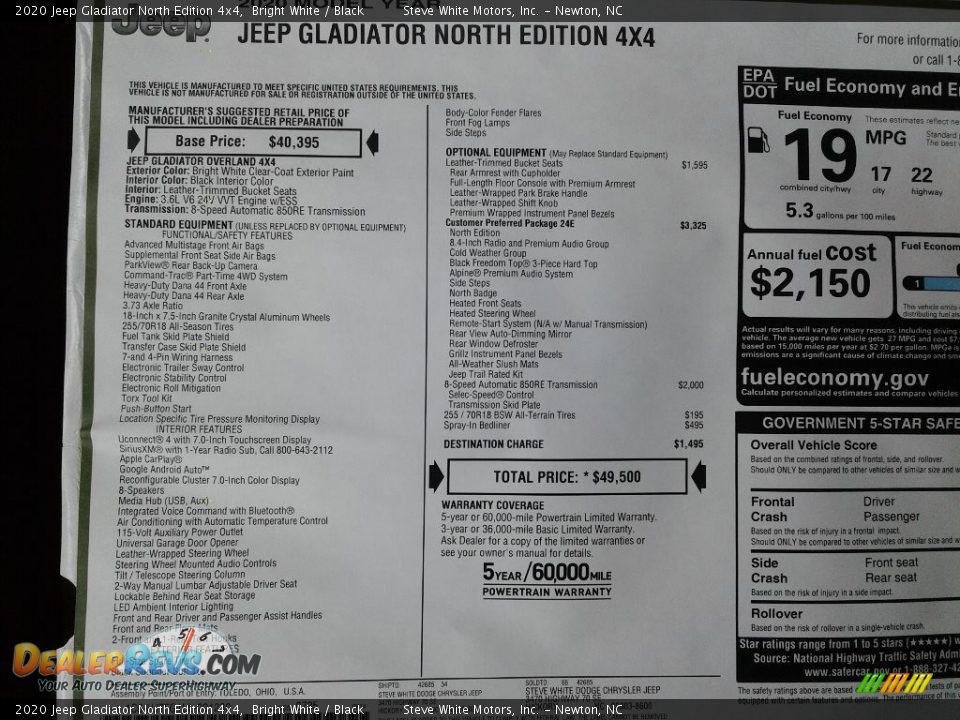 2020 Jeep Gladiator North Edition 4x4 Bright White / Black Photo #29