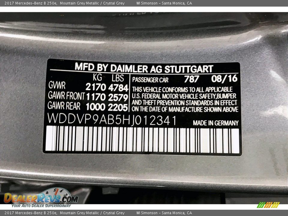 2017 Mercedes-Benz B 250e Mountain Grey Metallic / Crystal Grey Photo #24