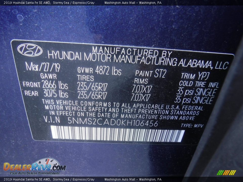 2019 Hyundai Santa Fe SE AWD Stormy Sea / Espresso/Gray Photo #27