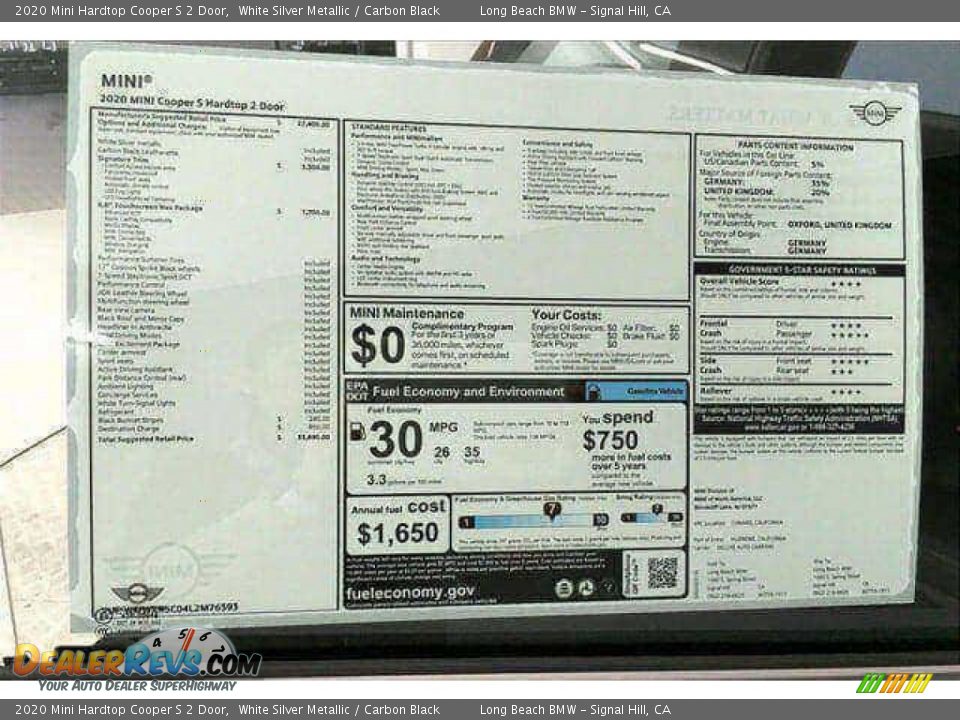 2020 Mini Hardtop Cooper S 2 Door White Silver Metallic / Carbon Black Photo #17