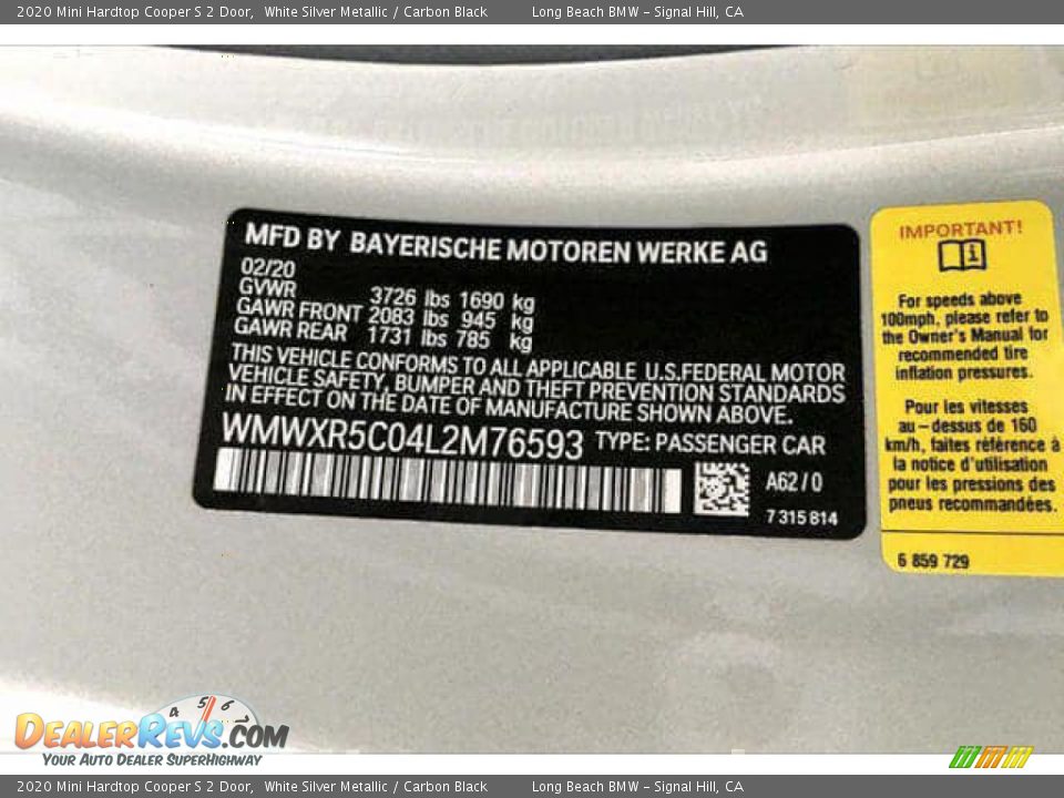 2020 Mini Hardtop Cooper S 2 Door White Silver Metallic / Carbon Black Photo #18