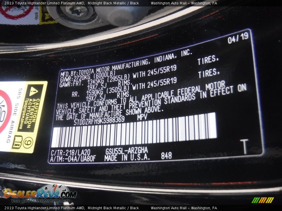 2019 Toyota Highlander Limited Platinum AWD Midnight Black Metallic / Black Photo #34