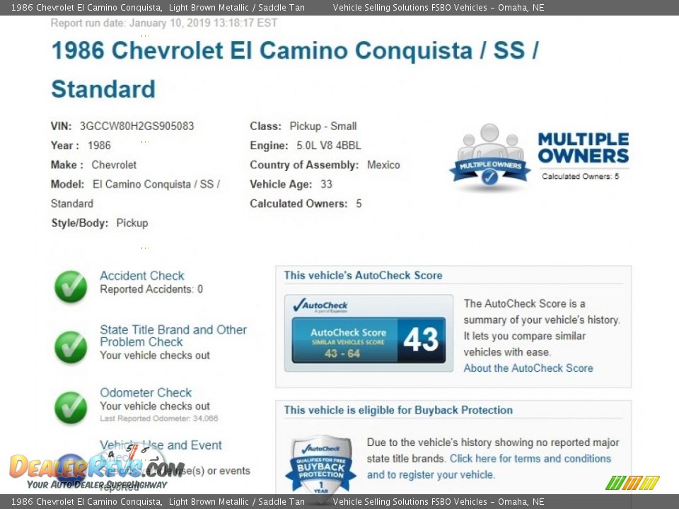 Dealer Info of 1986 Chevrolet El Camino Conquista Photo #2