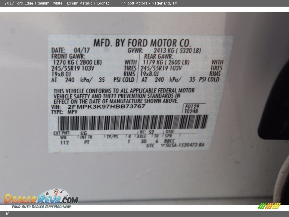 Ford Color Code UG White Platinum Metallic