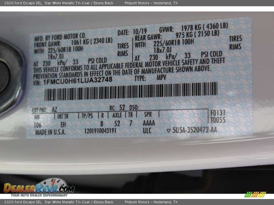 2020 Ford Escape SEL Star White Metallic Tri-Coat / Ebony Black Photo #25