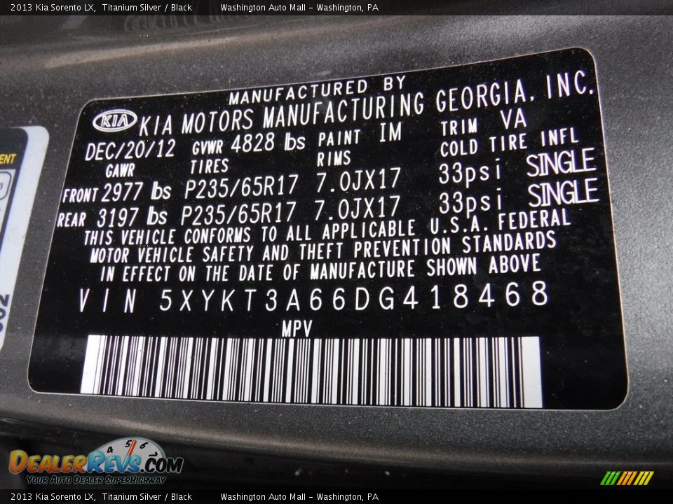 2013 Kia Sorento LX Titanium Silver / Black Photo #26