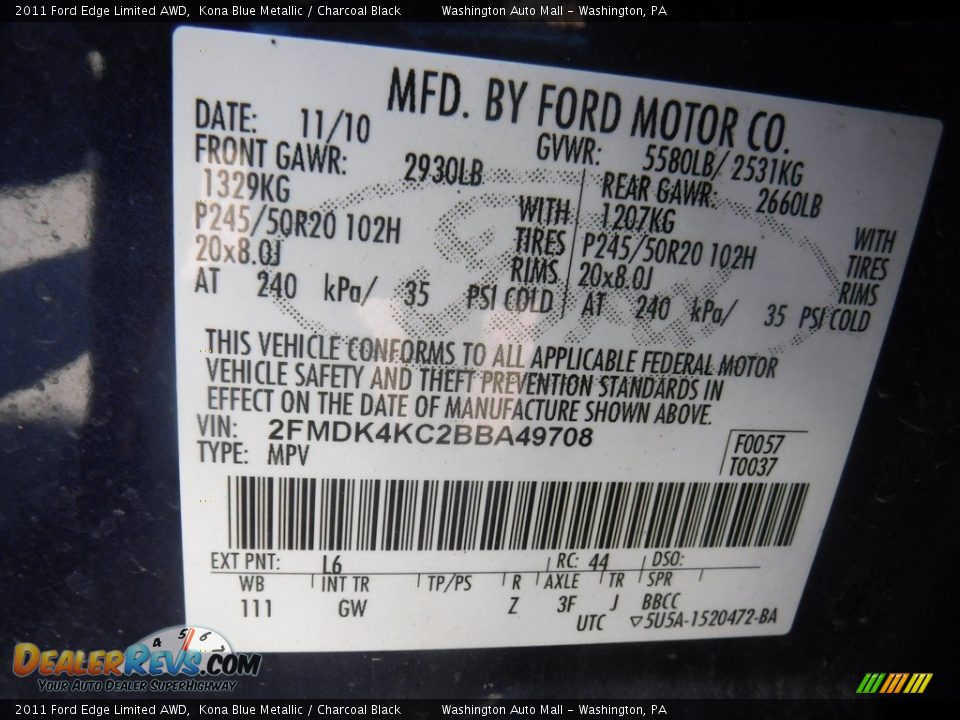 2011 Ford Edge Limited AWD Kona Blue Metallic / Charcoal Black Photo #26