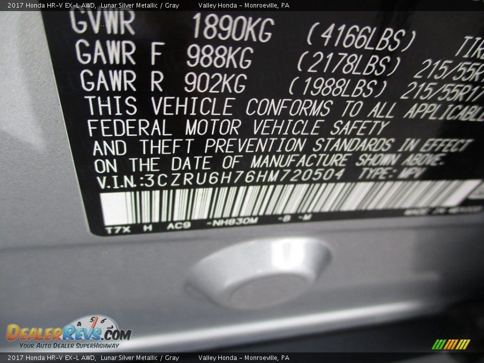 2017 Honda HR-V EX-L AWD Lunar Silver Metallic / Gray Photo #19