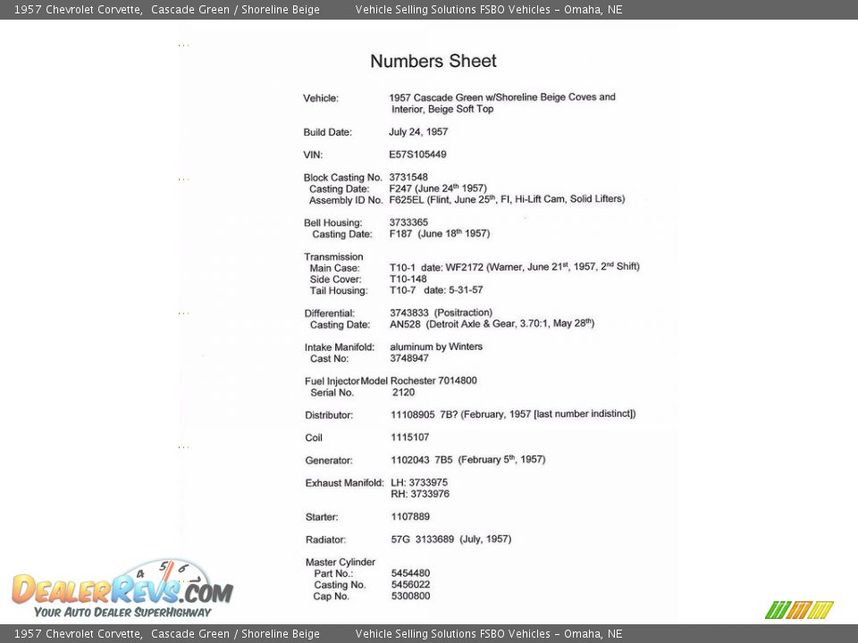 Info Tag of 1957 Chevrolet Corvette  Photo #35