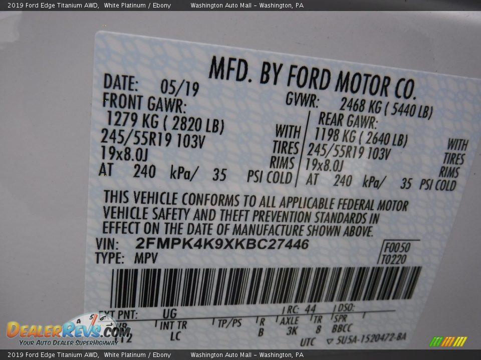 2019 Ford Edge Titanium AWD White Platinum / Ebony Photo #32
