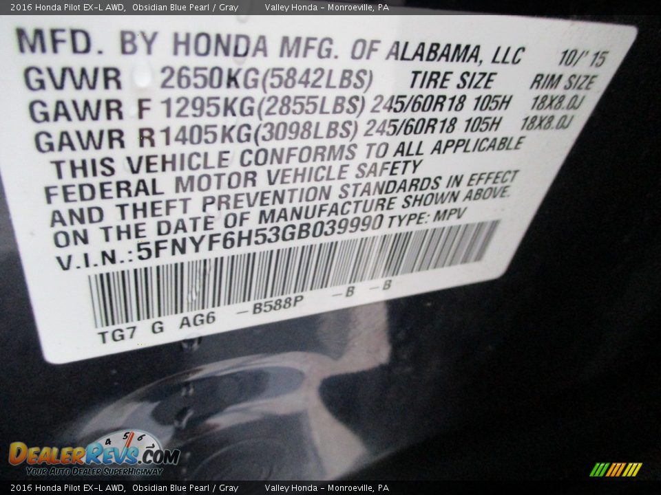 2016 Honda Pilot EX-L AWD Obsidian Blue Pearl / Gray Photo #19