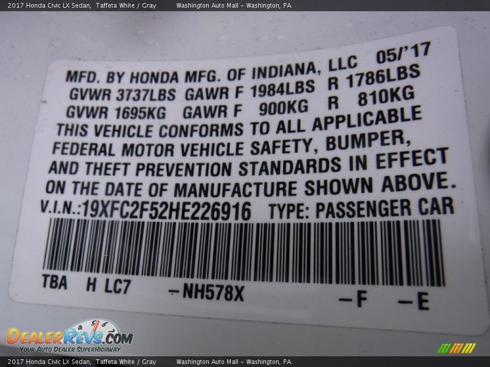 2017 Honda Civic LX Sedan Taffeta White / Gray Photo #26