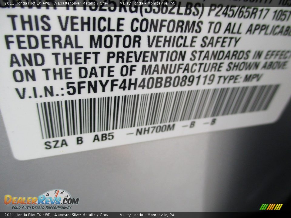 2011 Honda Pilot EX 4WD Alabaster Silver Metallic / Gray Photo #19