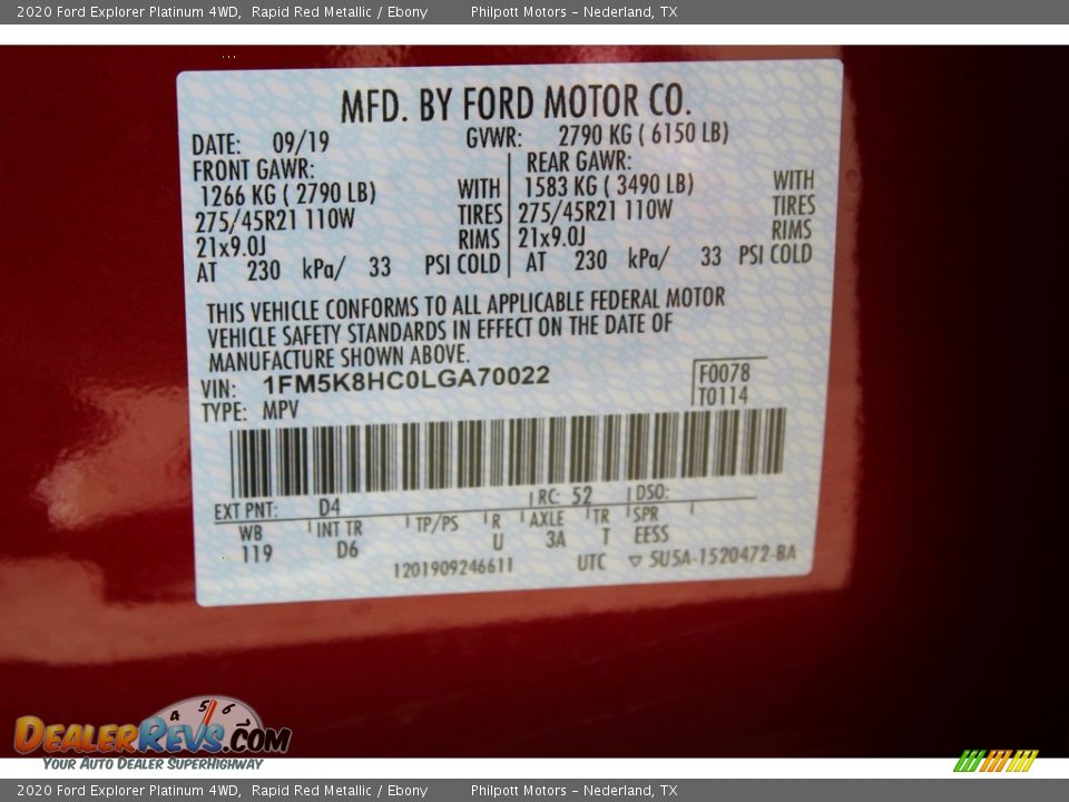 2020 Ford Explorer Platinum 4WD Rapid Red Metallic / Ebony Photo #27