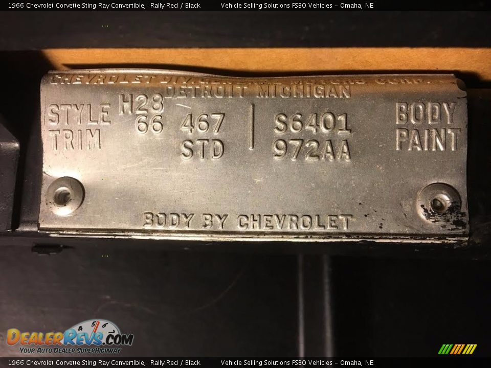 Info Tag of 1966 Chevrolet Corvette Sting Ray Convertible Photo #26