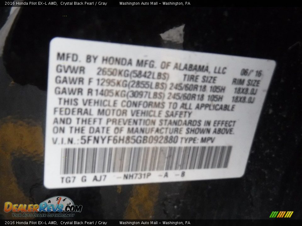 2016 Honda Pilot EX-L AWD Crystal Black Pearl / Gray Photo #29