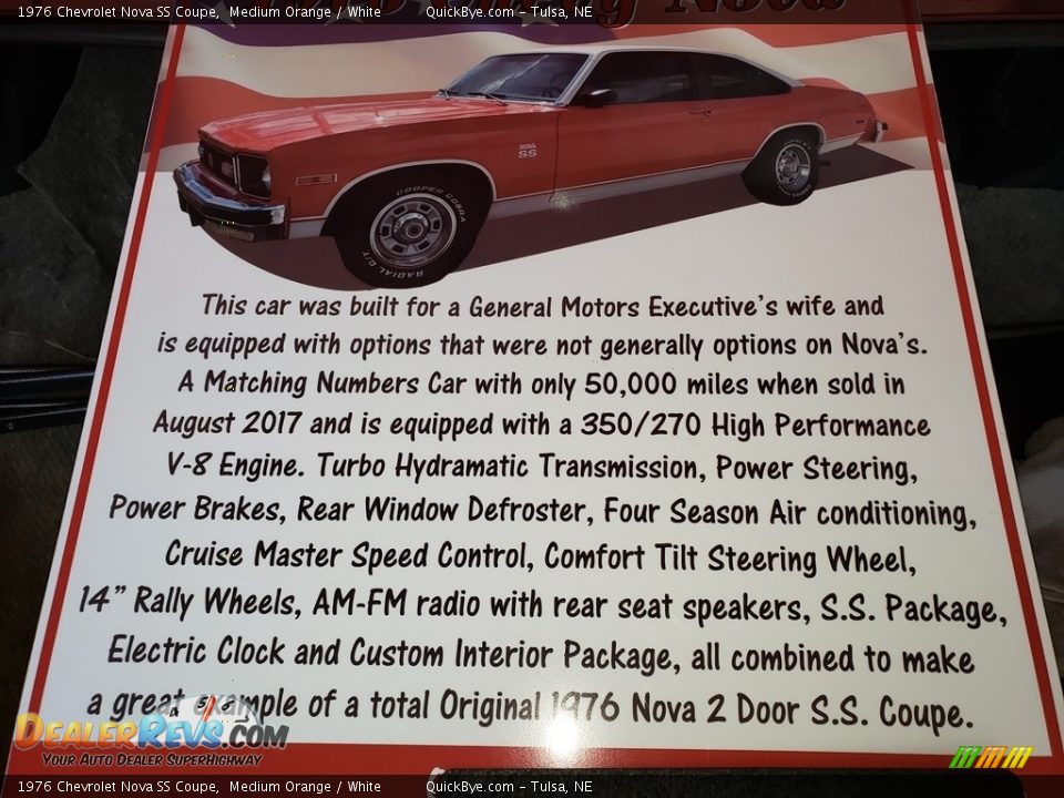 1976 Chevrolet Nova SS Coupe Medium Orange / White Photo #20