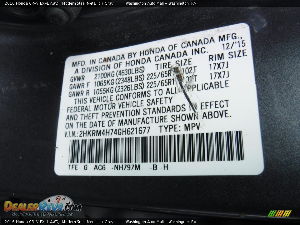 2016 Honda CR-V EX-L AWD Modern Steel Metallic / Gray Photo #27