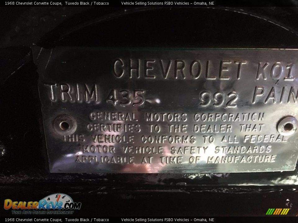 Info Tag of 1968 Chevrolet Corvette Coupe Photo #15
