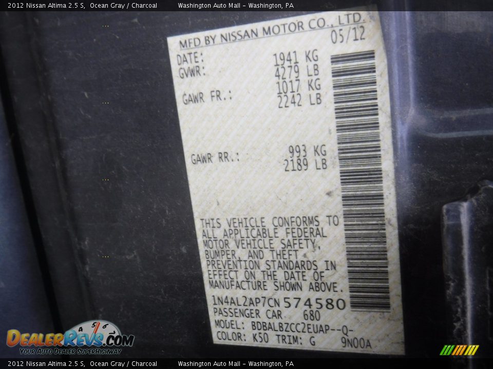 2012 Nissan Altima 2.5 S Ocean Gray / Charcoal Photo #24