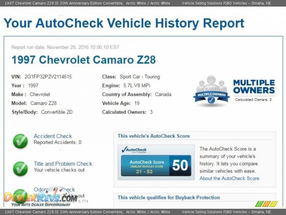 Dealer Info of 1997 Chevrolet Camaro Z28 SS 30th Anniversary Edition Convertible Photo #2