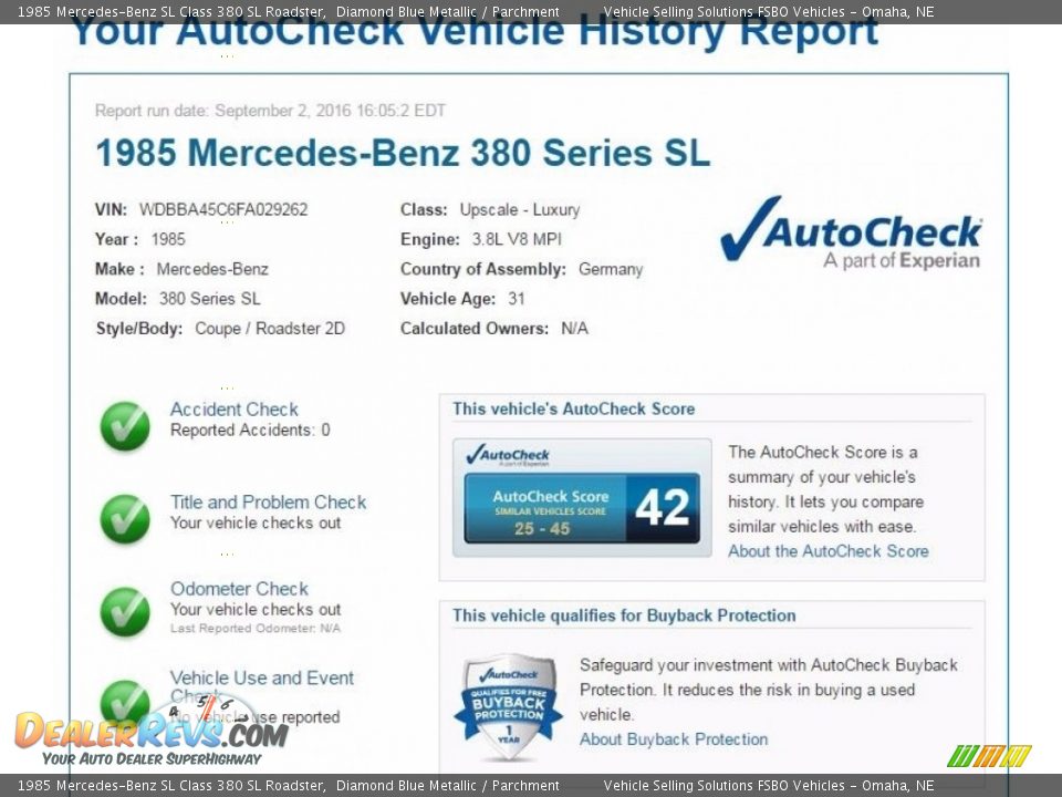 Dealer Info of 1985 Mercedes-Benz SL Class 380 SL Roadster Photo #2