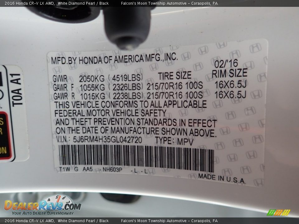 2016 Honda CR-V LX AWD White Diamond Pearl / Black Photo #23