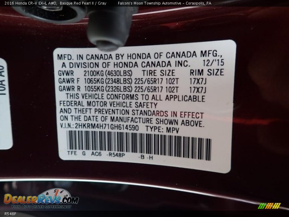 Honda Color Code R548P Basque Red Pearl II