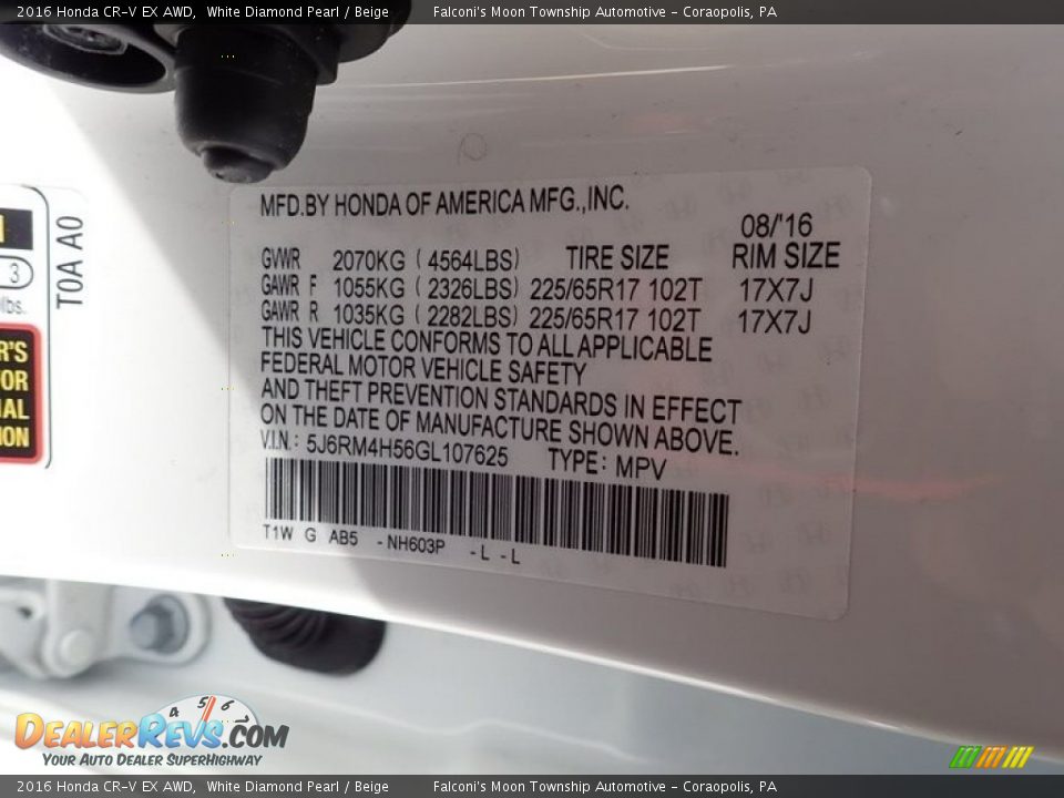 2016 Honda CR-V EX AWD White Diamond Pearl / Beige Photo #23
