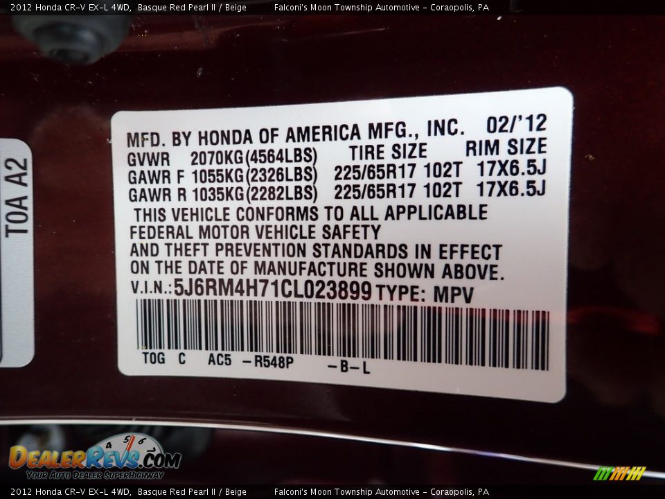 2012 Honda CR-V EX-L 4WD Basque Red Pearl II / Beige Photo #23