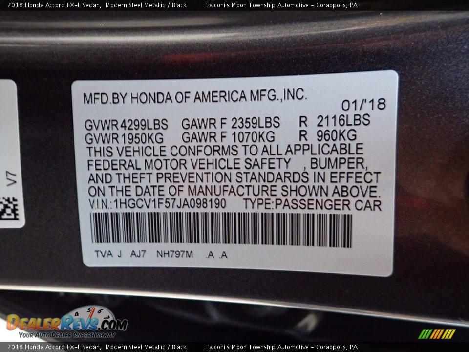 2018 Honda Accord EX-L Sedan Modern Steel Metallic / Black Photo #23