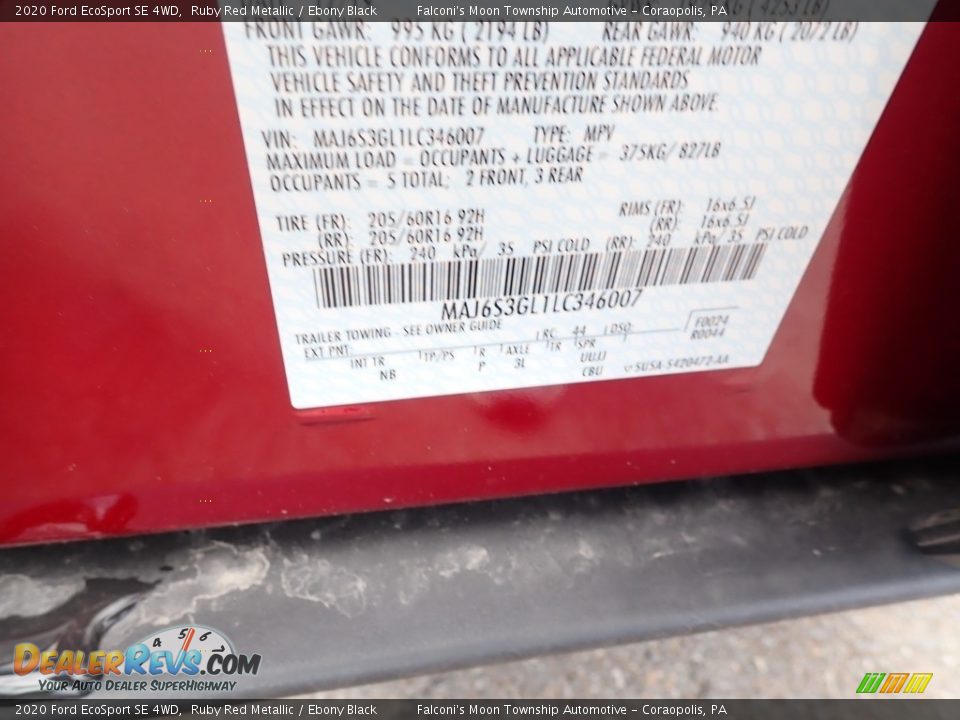 2020 Ford EcoSport SE 4WD Ruby Red Metallic / Ebony Black Photo #12