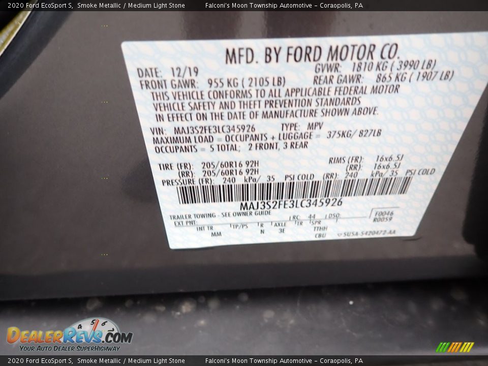 2020 Ford EcoSport S Smoke Metallic / Medium Light Stone Photo #12