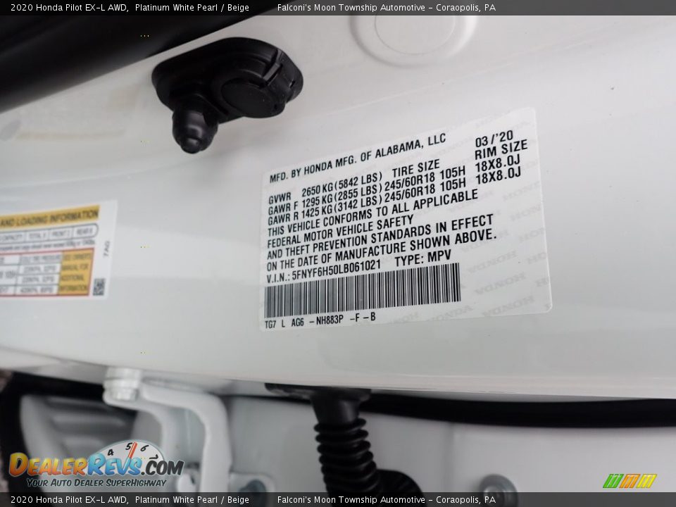 2020 Honda Pilot EX-L AWD Platinum White Pearl / Beige Photo #12