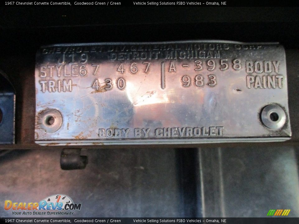 Info Tag of 1967 Chevrolet Corvette Convertible Photo #12