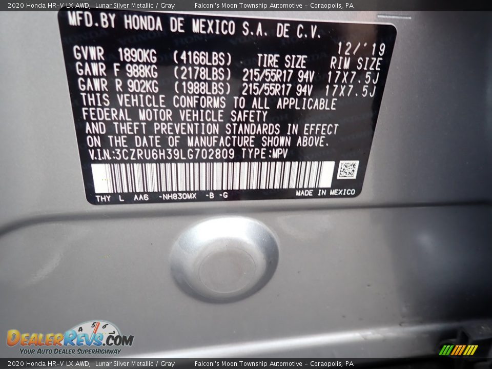 2020 Honda HR-V LX AWD Lunar Silver Metallic / Gray Photo #12
