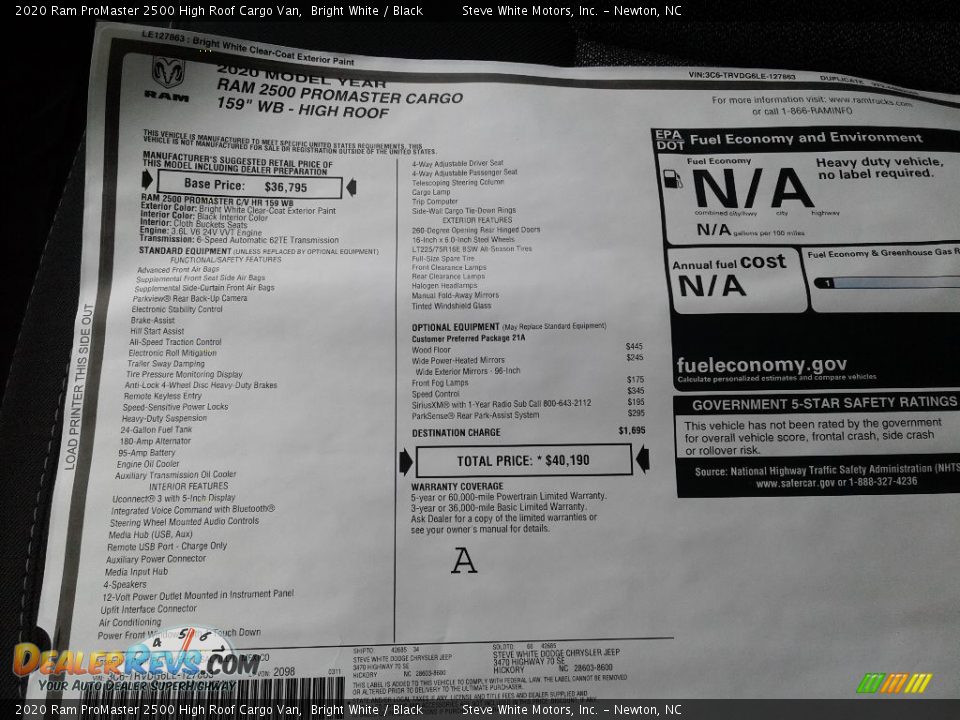 2020 Ram ProMaster 2500 High Roof Cargo Van Bright White / Black Photo #24