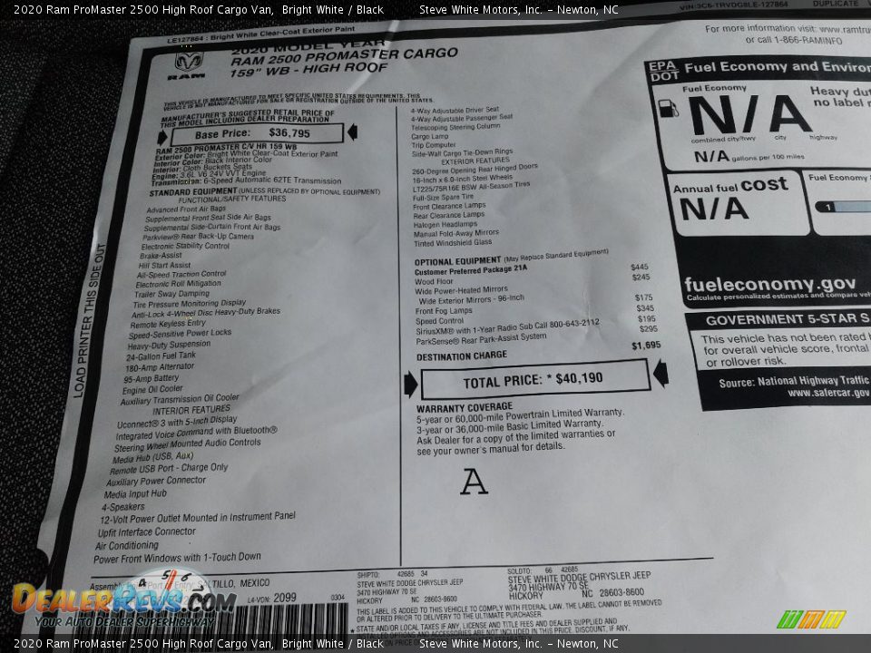 2020 Ram ProMaster 2500 High Roof Cargo Van Bright White / Black Photo #24