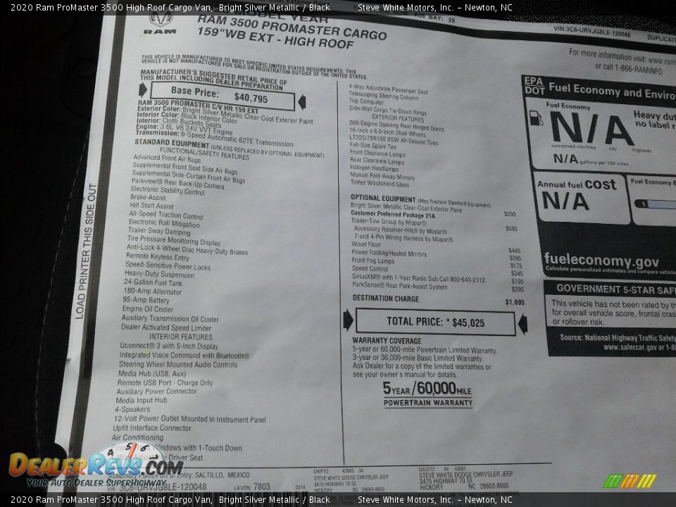 2020 Ram ProMaster 3500 High Roof Cargo Van Window Sticker Photo #24