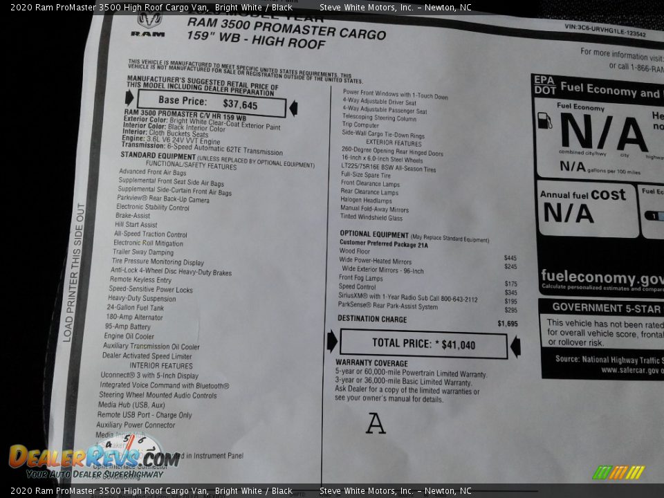 2020 Ram ProMaster 3500 High Roof Cargo Van Bright White / Black Photo #27