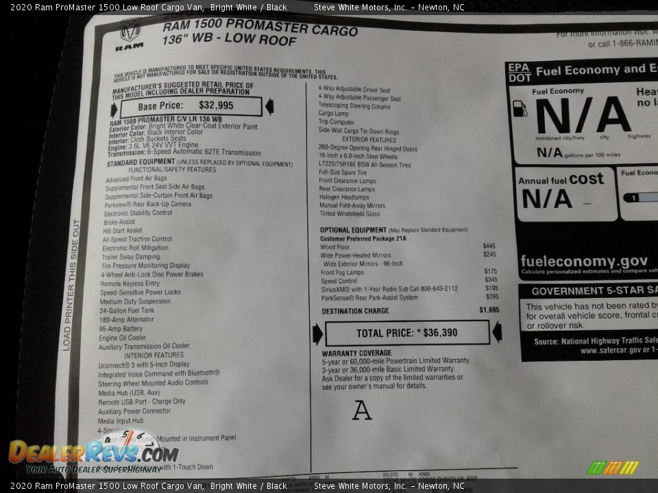 2020 Ram ProMaster 1500 Low Roof Cargo Van Bright White / Black Photo #26