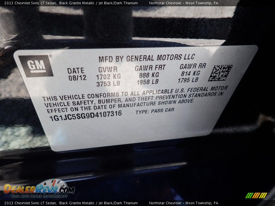 2013 Chevrolet Sonic LT Sedan Black Granite Metallic / Jet Black/Dark Titanium Photo #14