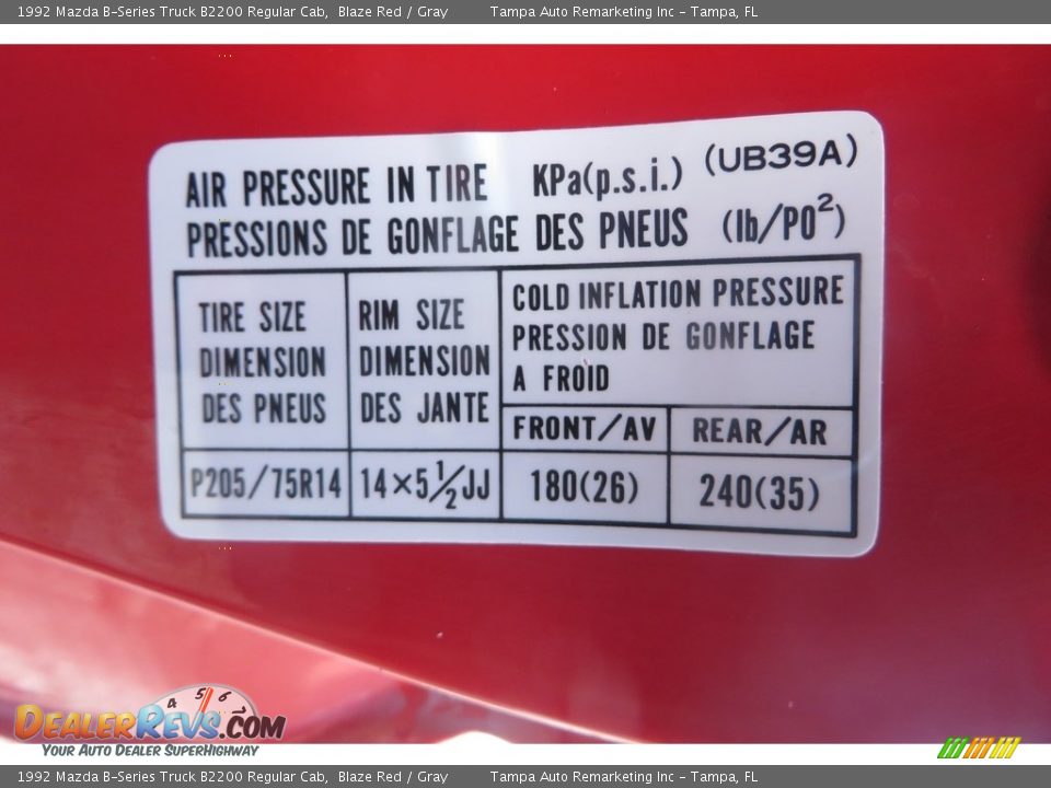 Info Tag of 1992 Mazda B-Series Truck B2200 Regular Cab Photo #28