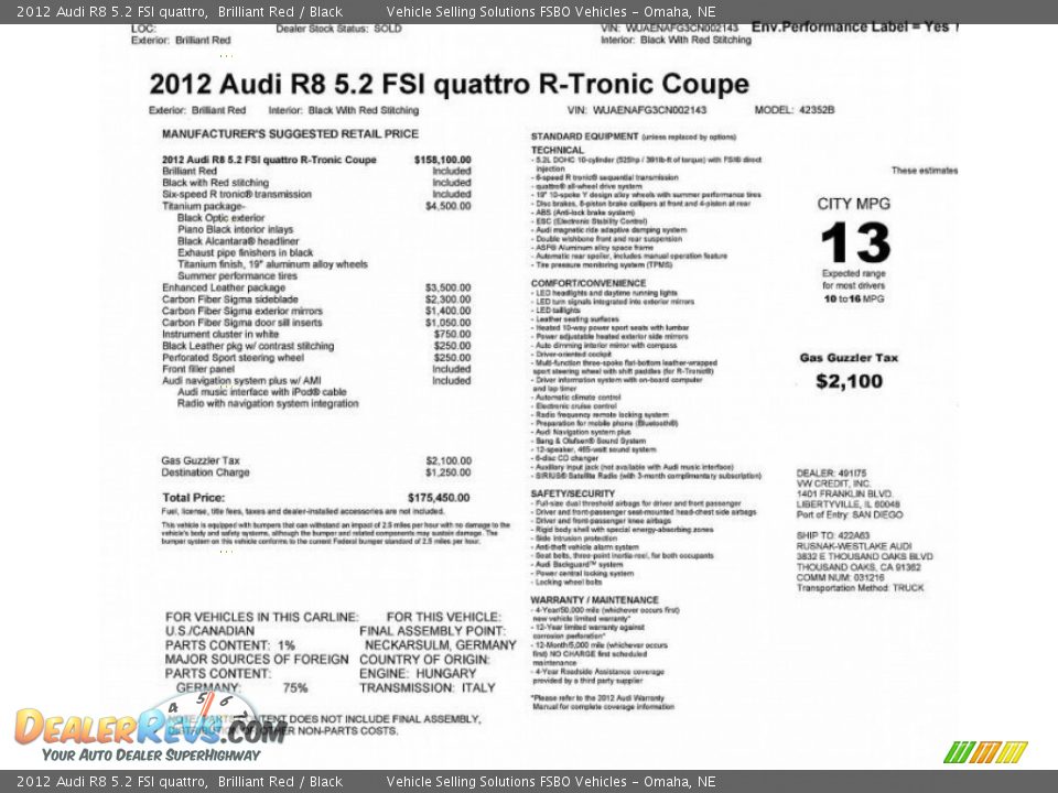 2012 Audi R8 5.2 FSI quattro Window Sticker Photo #12
